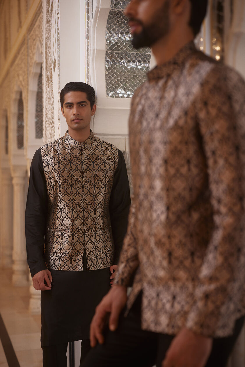 Swarank Handwoven Benarasi Silk Nehru Jacket - Black, Black, image 4